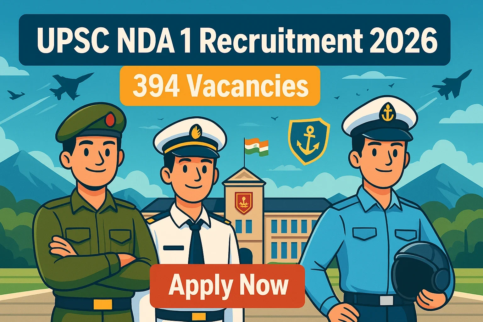UPSC NDA 1 Recruitment 2026 banner showing cartoon Army, Navy, and Air Force cadets with 394 vacancies and Apply Now button in a military training academy background.