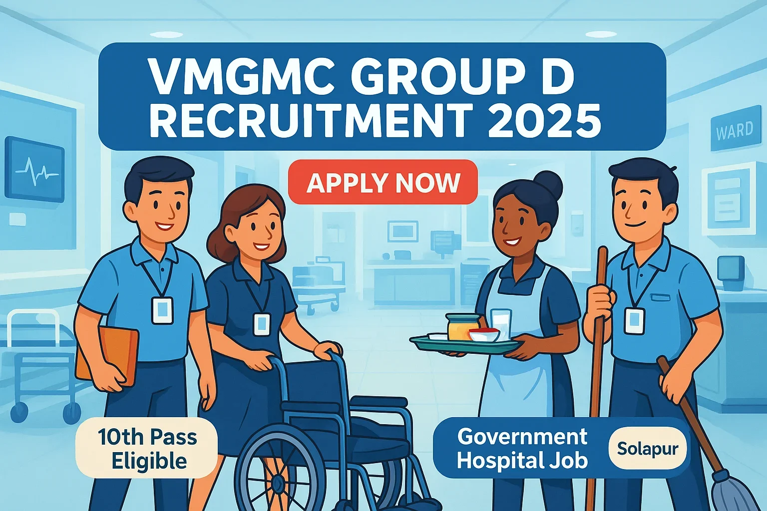 Cartoon-style hospital staff banner for VMGMC Group D Recruitment 2025 with Apply Now button and 10th pass eligibility highlights in a medical background.