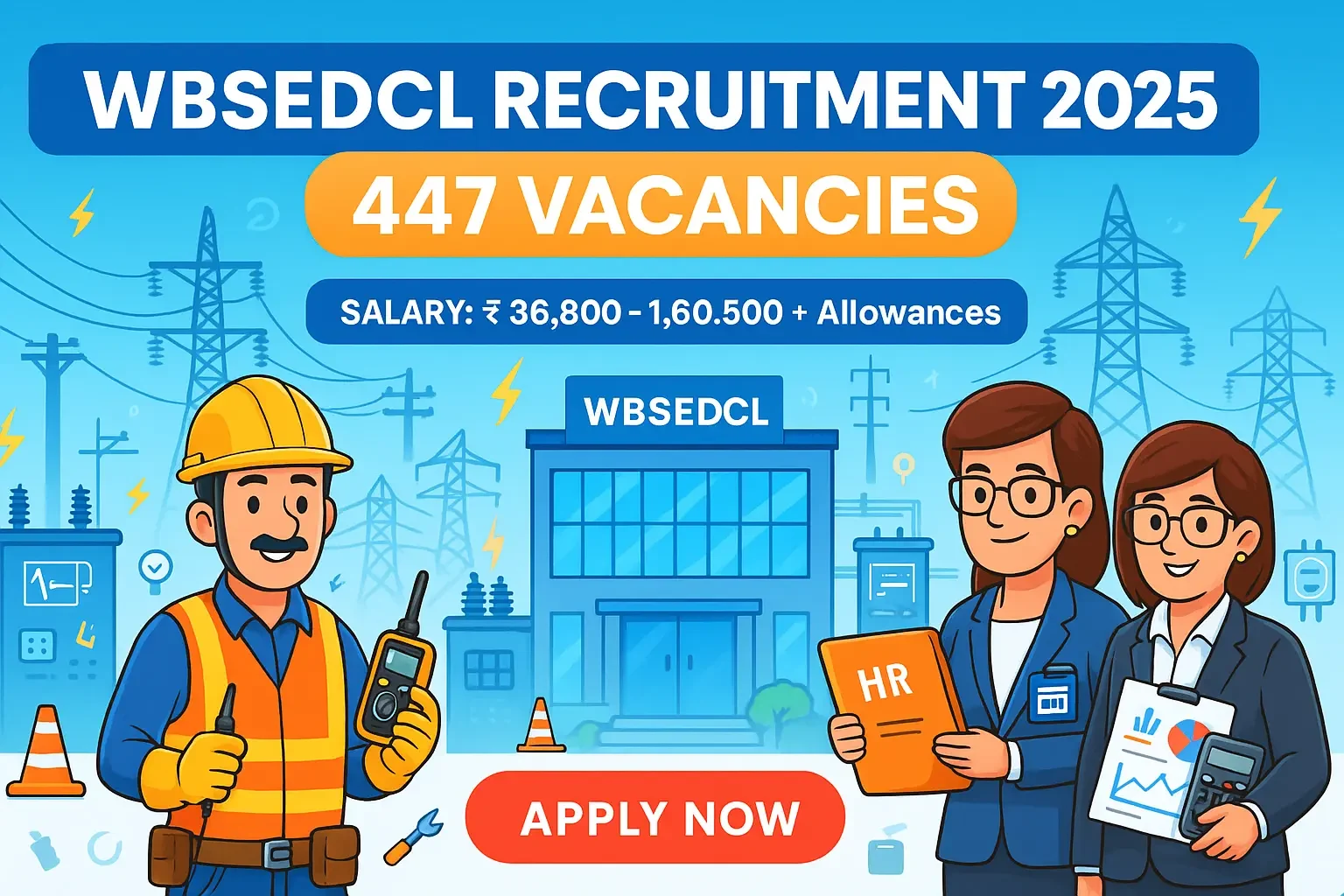 WBSEDCL Recruitment 2025 showing 447 vacancies, JE Electrical and Assistant Manager roles, WBSEDCL Vidyut Bhavan, power lines, and Apply Now button.