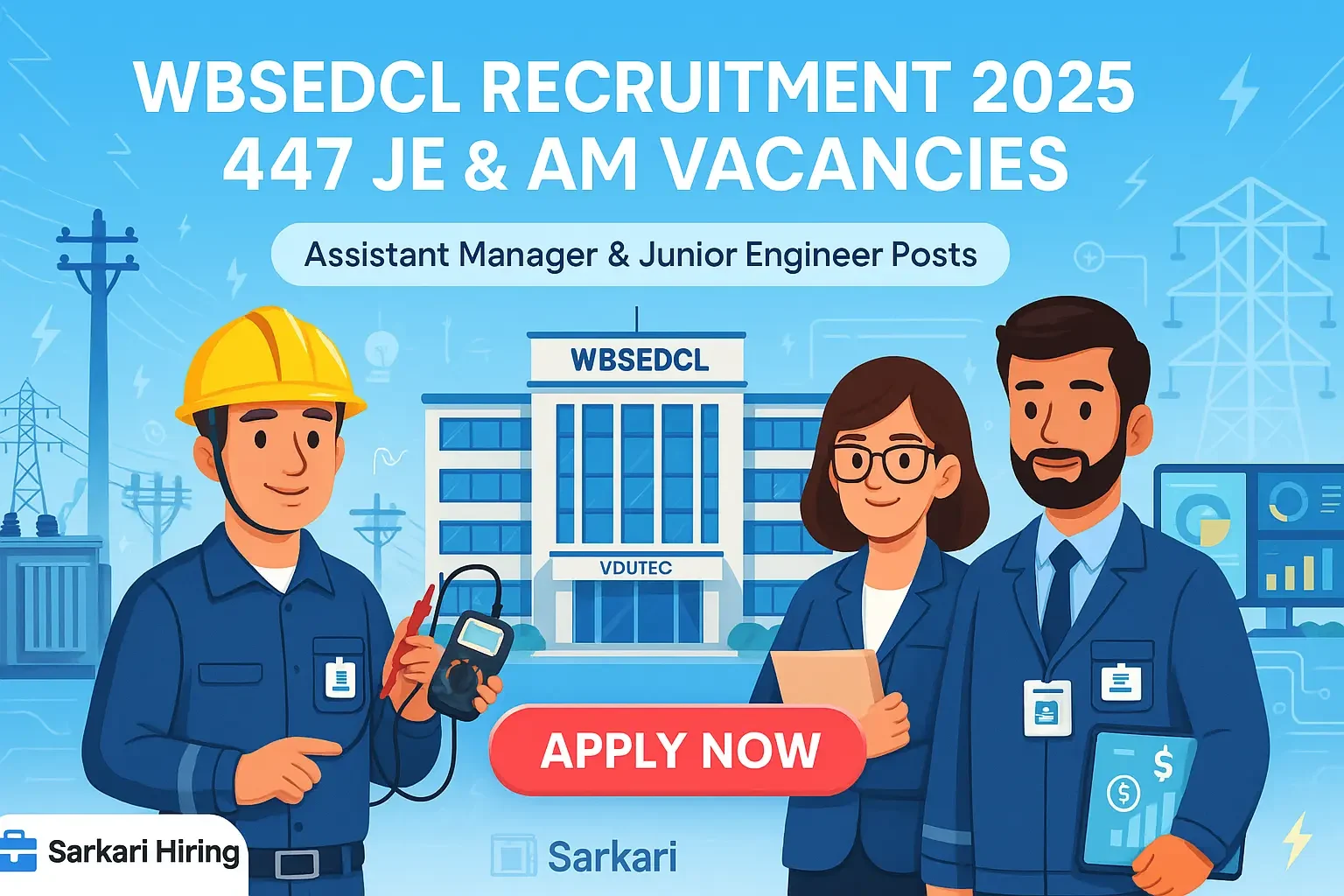 WBSEDCL Recruitment 2025 showing Junior Engineer and Assistant Manager roles with Vidyut Bhavan building, power-sector graphics, and Apply Now button.